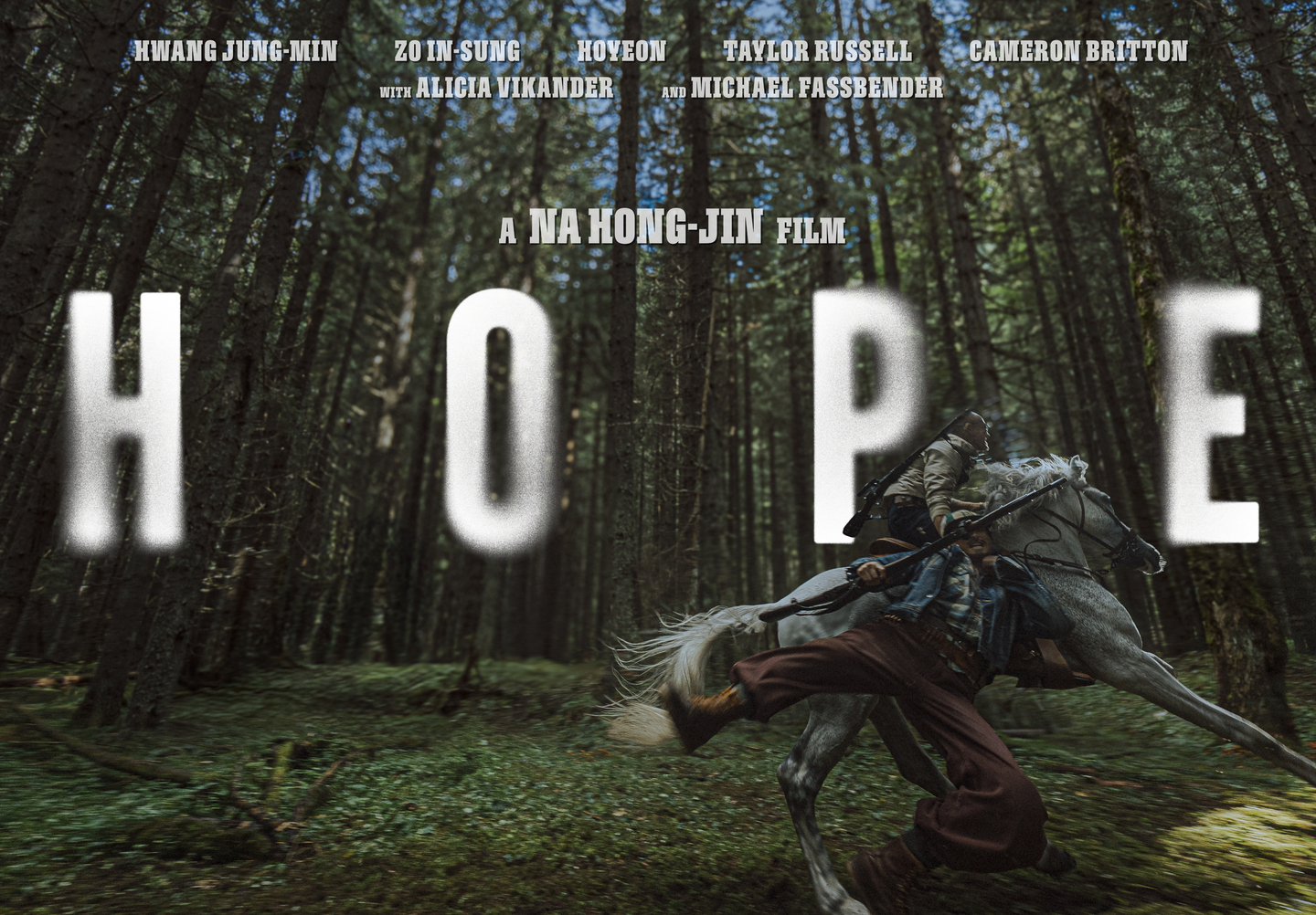 Official teaser poster for Na Hong-jin's film HOPE (2026) featuring Jo In-sung being snatched and dragged by a mysterious figure on a white horse.