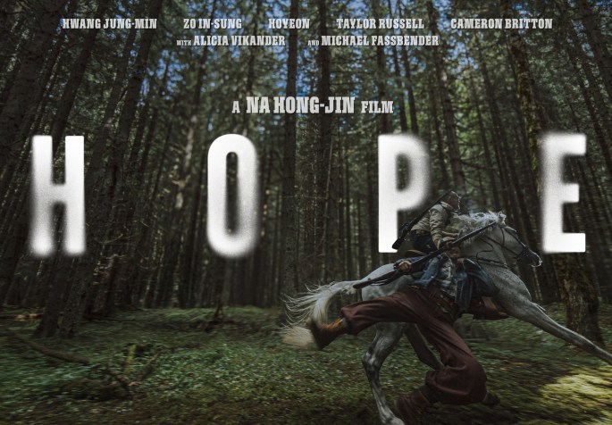 Official teaser poster for Na Hong-jin's film HOPE (2026) featuring Jo In-sung being snatched and dragged by a mysterious figure on a white horse.