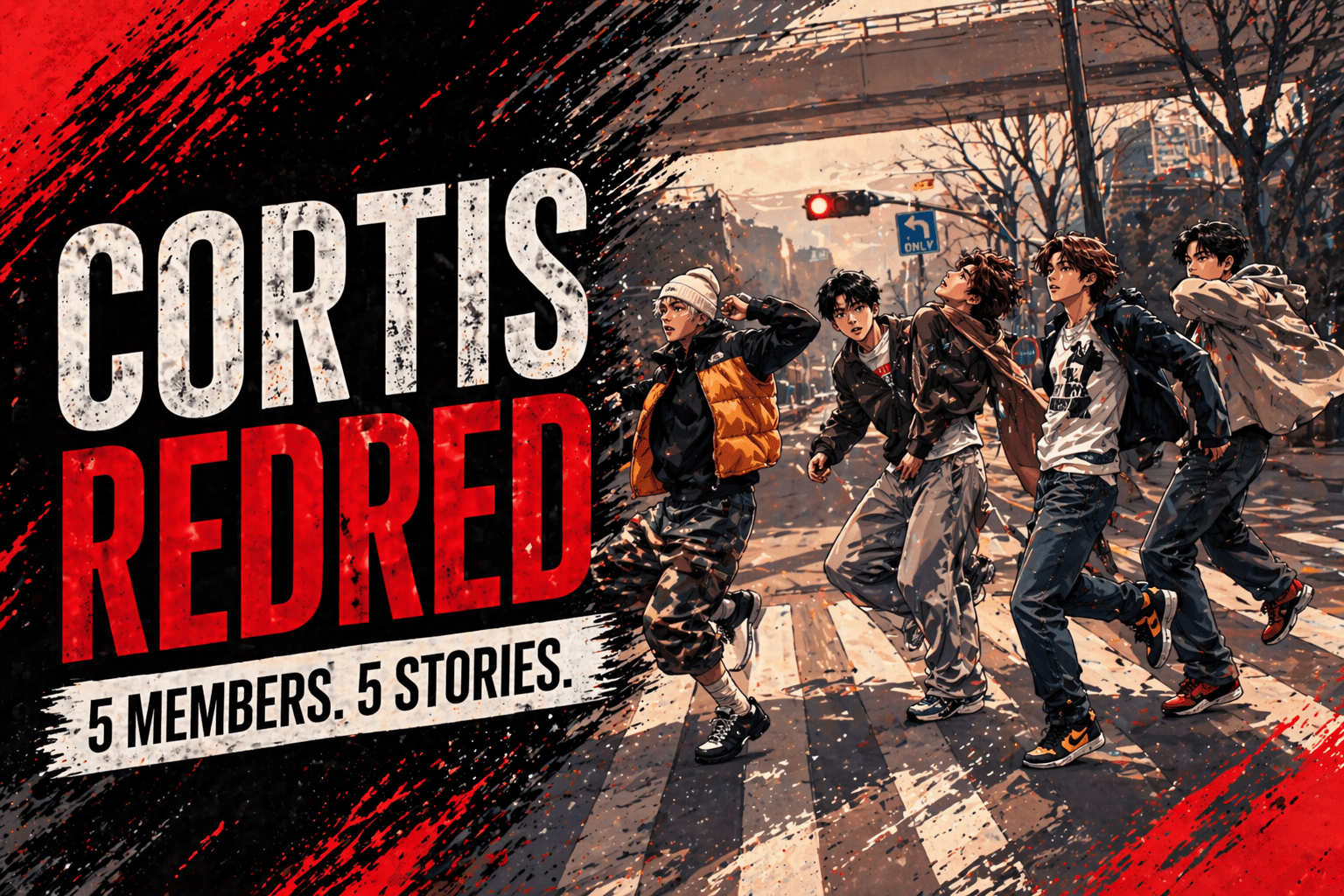 Illustration of CORTIS members performing in an urban street scene inspired by RedRed, showing five K-pop idols in motion