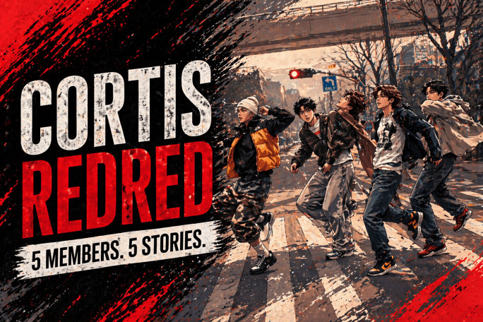 Illustration of CORTIS members performing in an urban street scene inspired by RedRed, showing five K-pop idols in motion
