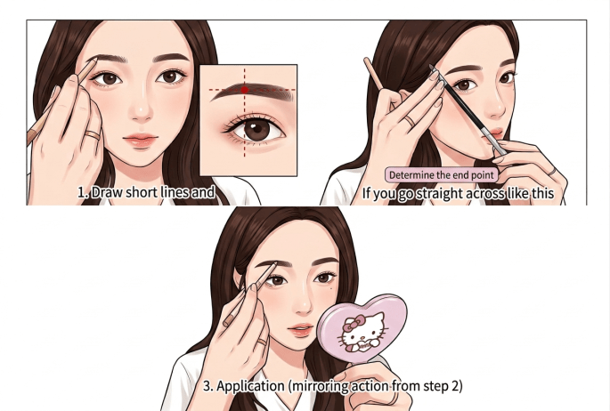 Korean eyebrow makeup technique illustration showing end point determination and shadow pencil application