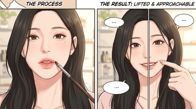 Open your mouth into an "ah" shape and locate where your natural lip corner ends. Press the tint applicator tip at that exact point with the longer edge facing inward. The result: a subtle upward curve that reads as warm even when your face is neutral.